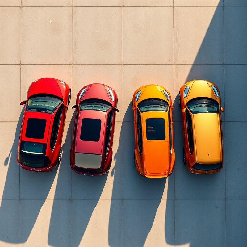 Cuatro coches de alquiler alineados en un pavimento claro